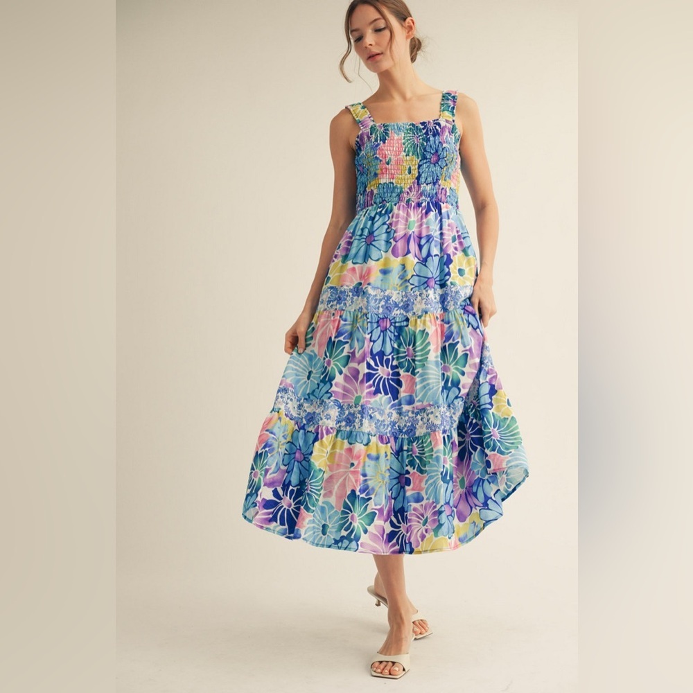 JODIFL Multicolor Floral Smocked Maxi Dress in Blue, Purple, Pink and Yellow